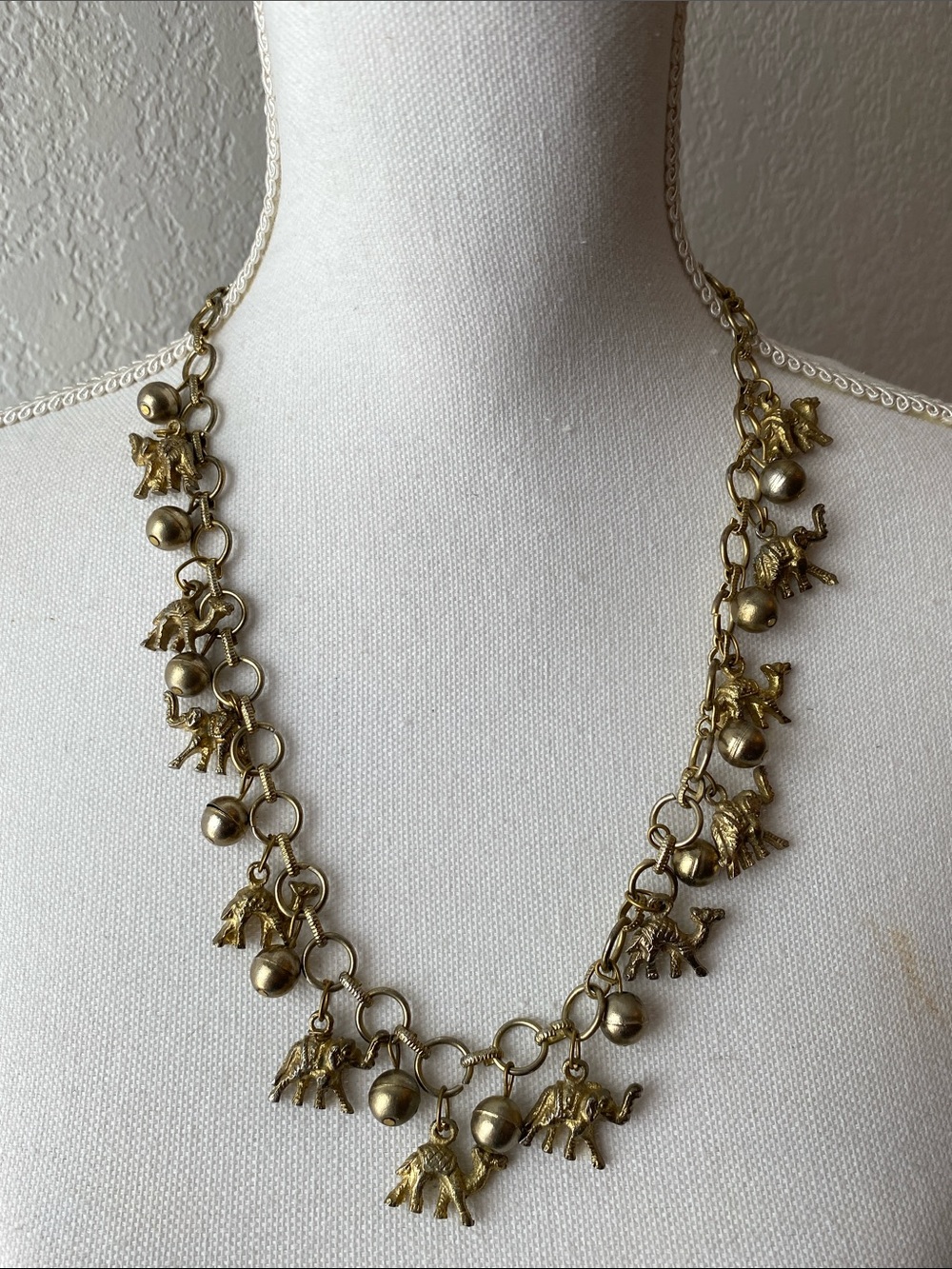 Vintage Gold Tone Elephants and Camels Mexican Wedding Charm Necklace